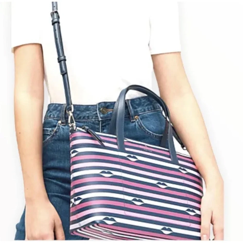 Kate Spade New York Pink Multi Stripe Patrice Lip Print Satchel Purse